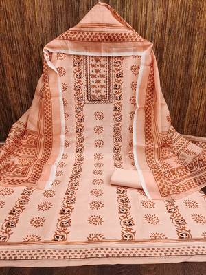 Manvaa women's peach fancy print work cotton dress material 5