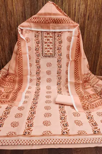 Manvaa women's peach fancy print work cotton dress material