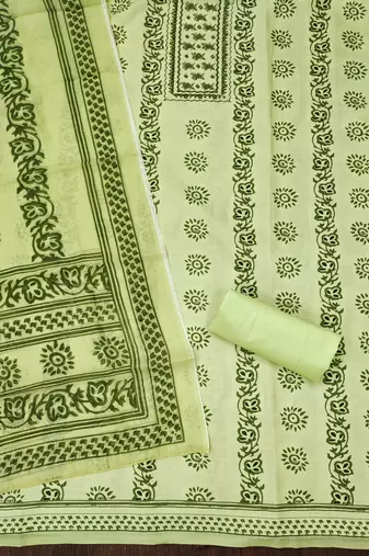 Manvaa women's green fancy print work cotton dress material