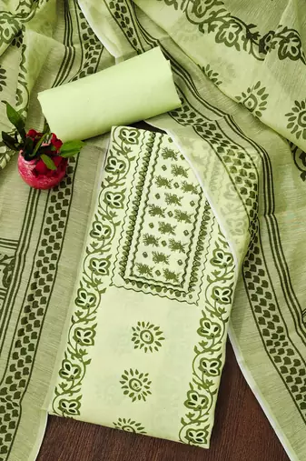 Manvaa women's green fancy print work cotton dress material