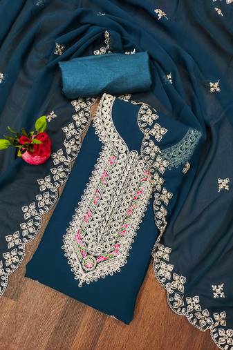 Manvaa women's teal blue unstitched heavy multi embrodiery georgette dress material 
