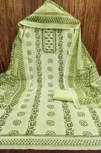 Manvaa women's green fancy print work cotton dress material