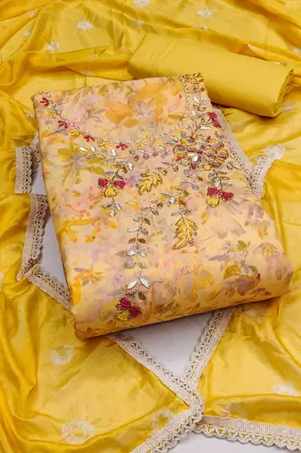 Yellow Cambric Printed Unstitched Dress Material