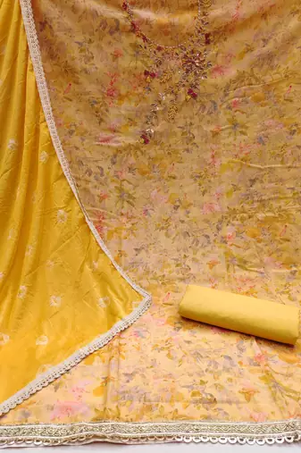 Yellow Cambric Printed Unstitched Dress Material