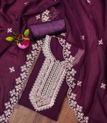 Manvaa women's purple unstitched heavy multi embrodiery embroidered dupatta georgette dress material