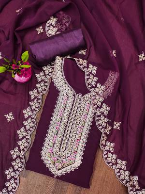 Manvaa women's purple heavy multi embrodiery embroidered dupatta georgette dress material 3