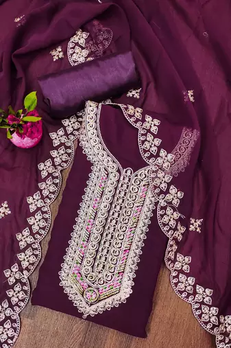 Manvaa women's purple heavy multi embrodiery embroidered dupatta georgette dress material