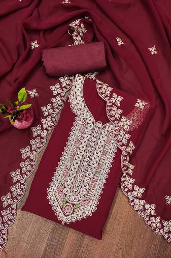 Manvaa women's maroon unstitched heavy multi embrodiery dupatta georgette dress material 