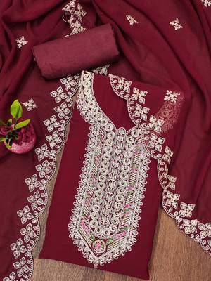 Manvaa women's maroon heavy multi embrodiery dupatta georgette dress material 3