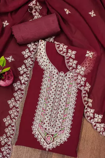 Manvaa women's maroon heavy multi embrodiery dupatta georgette dress material