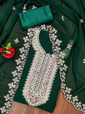 Manvaa women's green heavy multi embrodiery embroidered dupatta georgette dress material 3