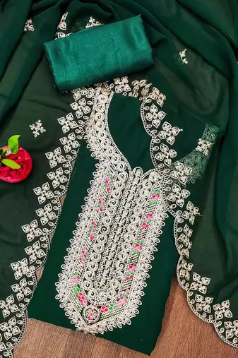 Manvaa women's green heavy multi embrodiery embroidered dupatta georgette dress material