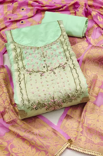 Pista Cotton Chanderi Unstitched Dress Material