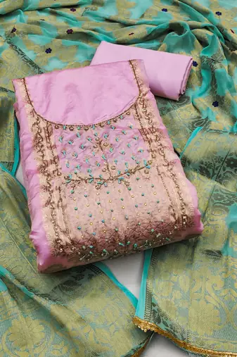 Pink Cotton Chanderi Unstitched Dress Material