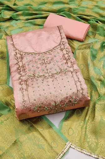 Peach Cotton Chanderi Unstitched Dress Material