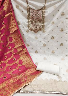 White Cotton Chanderi Unstitched Dress Material 3