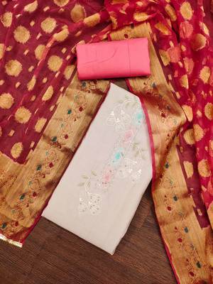 Beige Premium Roman silk blend Embroidered Unstitched Dress Material 1