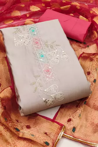 Beige Premium Roman silk blend Embroidered Unstitched Dress Material