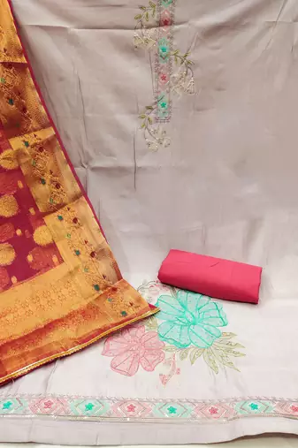 Beige Premium Roman silk blend Embroidered Unstitched Dress Material
