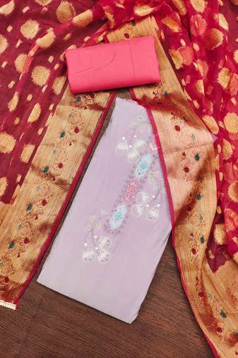 Lavender Premium Roman silk blend Embroidered Unstitched Dress Material