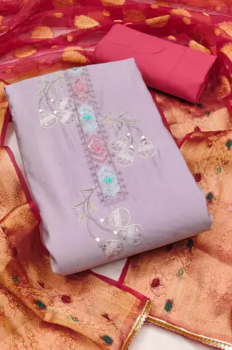 Lavender Premium Roman silk blend Embroidered Unstitched Dress Material