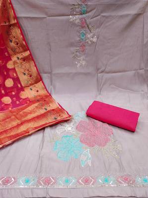 Lavender Premium Roman silk blend Embroidered Unstitched Dress Material 3