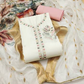 White Premium Roman silk blend Embroidered Unstitched Dress Material 2