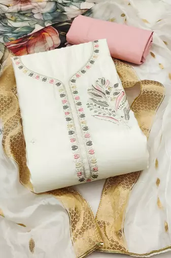 White Premium Roman silk blend Embroidered Unstitched Dress Material