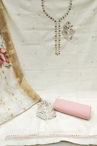 White Premium Roman silk blend Embroidered Unstitched Dress Material