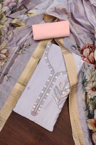 Lavender Premium Roman Silk Embroidered Unstitched Dress Material