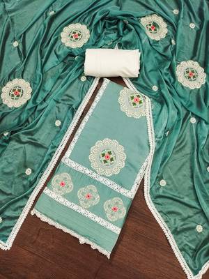 Teal Premium Roman silk blend Embroidered Unstitched Dress Material 1
