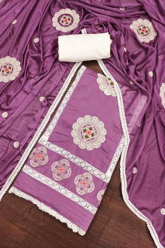 Purple Premium Roman silk blend Embroidered Unstitched Dress Material