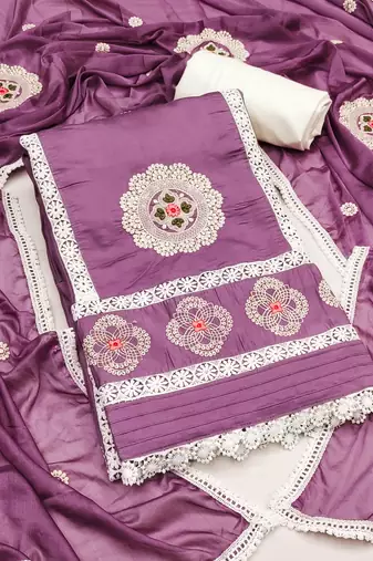 Purple Premium Roman silk blend Embroidered Unstitched Dress Material