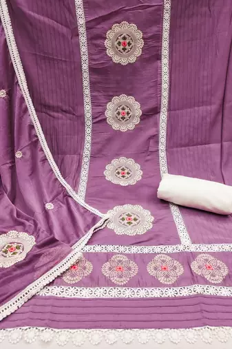 Purple Premium Roman silk blend Embroidered Unstitched Dress Material