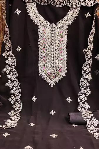 Manvaa women's brown heavy multi embrodiery dupatta georgette dress material