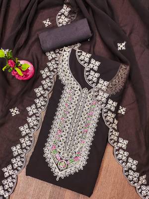 Manvaa women's brown heavy multi embrodiery dupatta georgette dress material 3