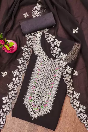 Manvaa women's brown heavy multi embrodiery dupatta georgette dress material