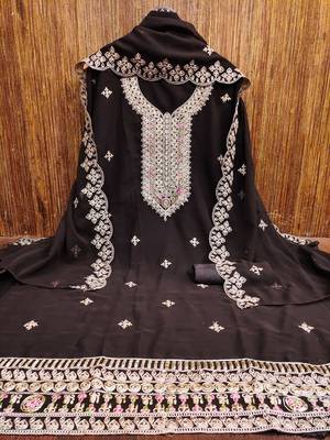Manvaa women's brown heavy multi embrodiery dupatta georgette dress material 4