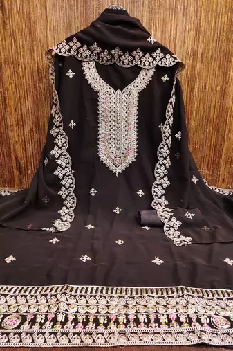 Manvaa women's brown heavy multi embrodiery dupatta georgette dress material