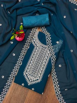 Manvaa women's teal blue designer zari embrodiery georgette dress material 1