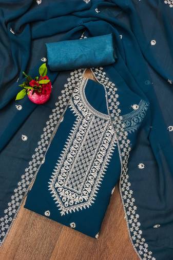 Manvaa women's teal blue unstitched designer zari embrodiery georgette dress material 