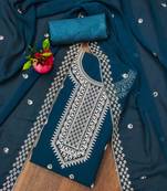 Manvaa women's teal blue designer zari embrodiery georgette dress material