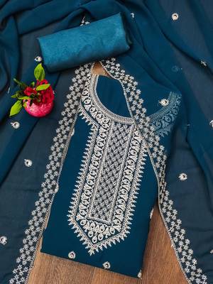 Manvaa women's teal blue designer zari embrodiery georgette dress material 3