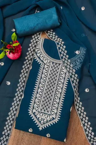 Manvaa women's teal blue designer zari embrodiery georgette dress material