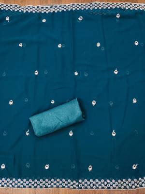 Manvaa women's teal blue designer zari embrodiery georgette dress material 4