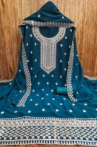 Manvaa women's teal blue designer zari embrodiery georgette dress material