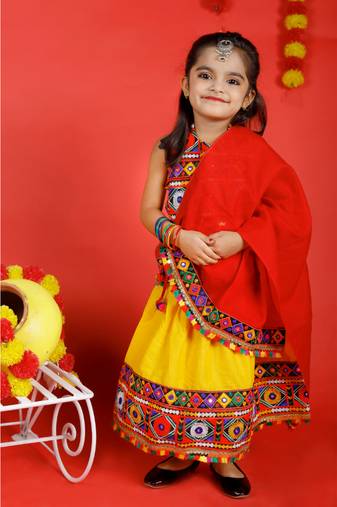Banjara India Kutch Work Embroidered Girls Lehenga Choli Set with Dupatta (CC-DMN) - Yellow