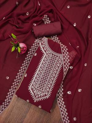 Manvaa women's maroon designer zari embrodiery dupatta georgette dress material 1