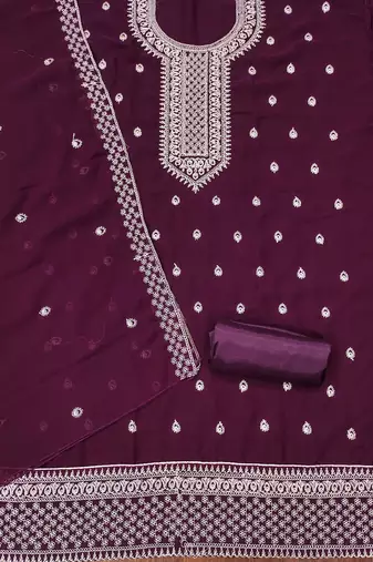Manvaa women's purple designer zari embrodiery dupatta georgette dress material