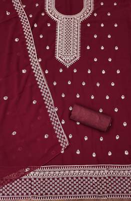 Manvaa women's maroon designer zari embrodiery dupatta georgette dress material 2